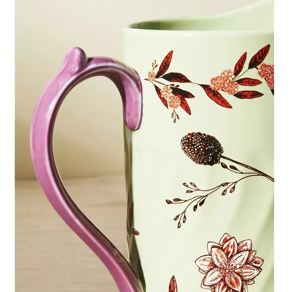 Anthropologie Elin Pitcher Handpainted Stoneware Pheasant Floral 18.5